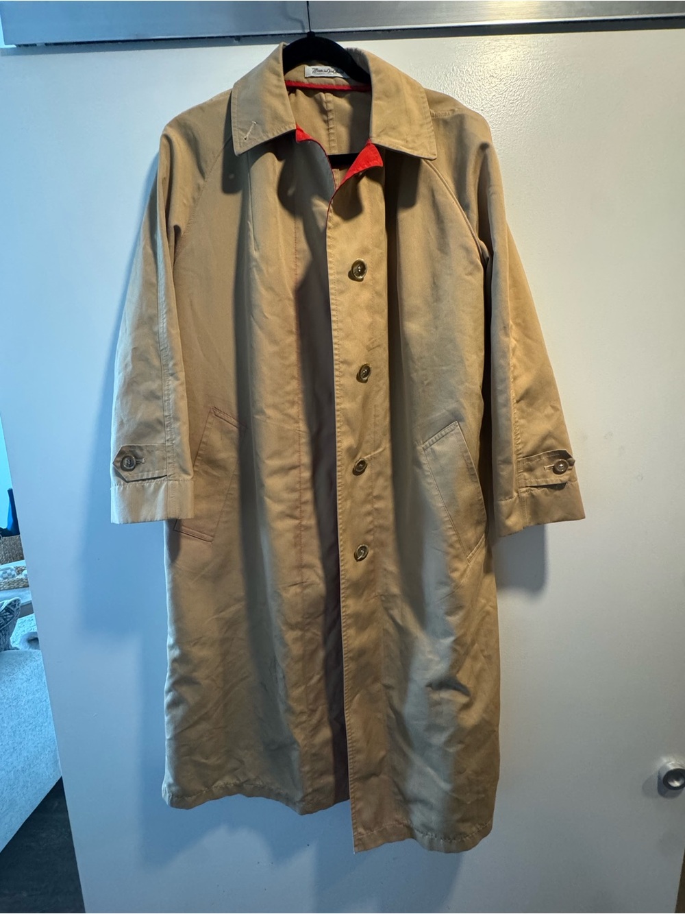 Classic Vintage Tan Trench Coat with Red Trim